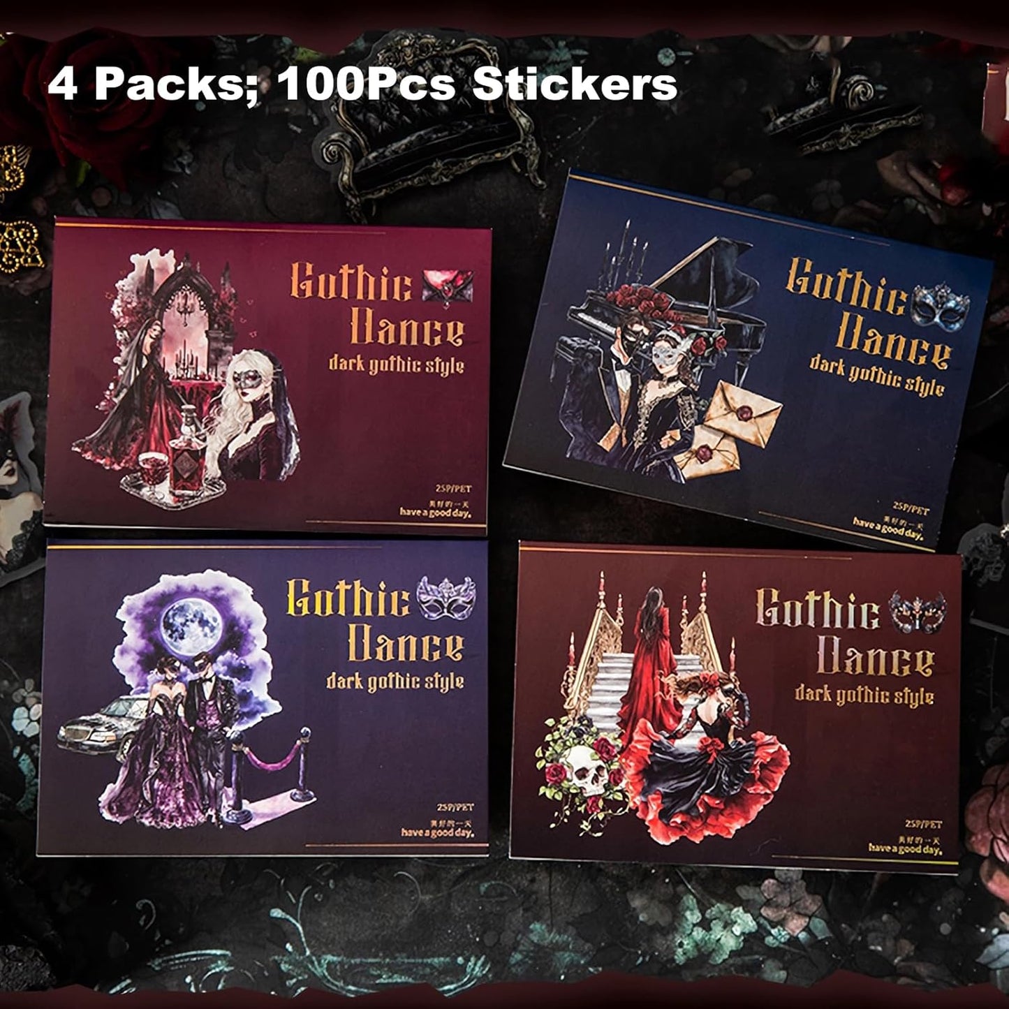 Dark Gothic Ballroom PET Sticker Set, 100PCS Vintage Dance Ephemera for Scrapbooking, Journaling, DIY Crafts, and Planner Supplies