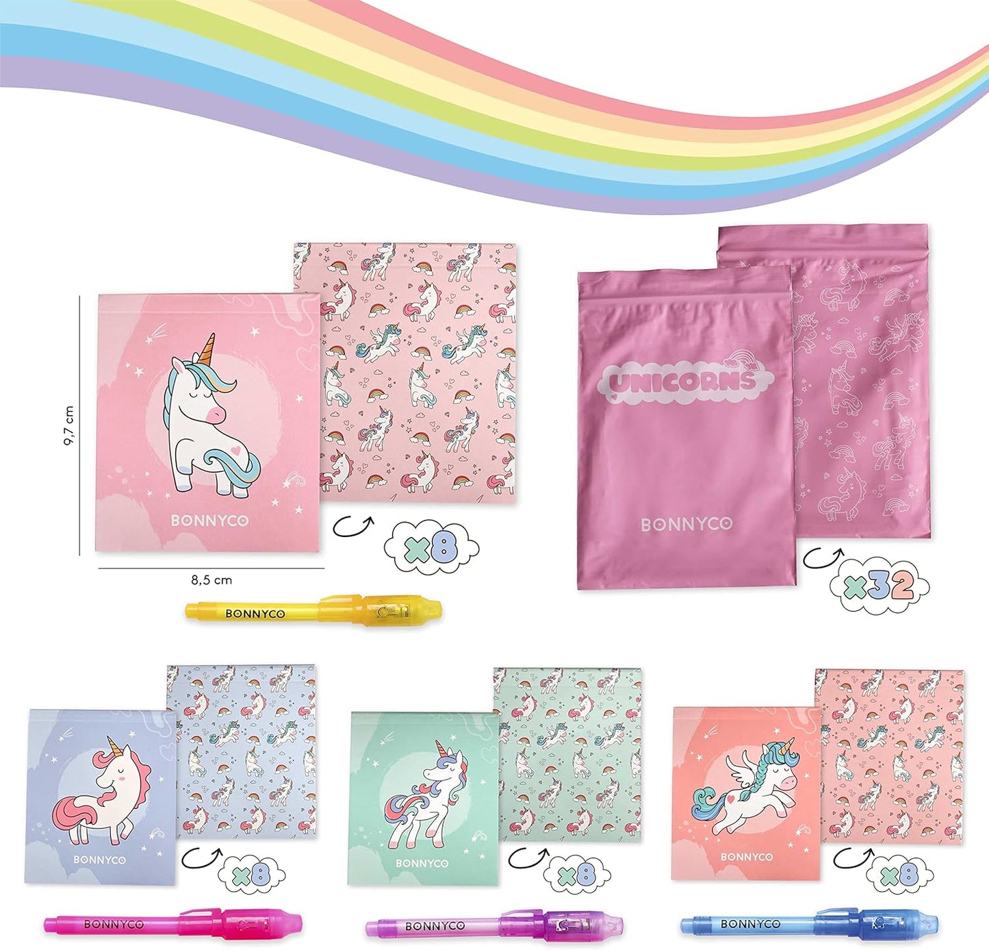 BONNYCO Invisible Ink Pen and Notebook Pack 32 Unicorn Party Favors for Kids, Magic Spy Pen Goodie Bags Stuffers for Kids, Unicorn Birthday Party Supplies, Goody Bag Stuffers | Return Gifts Prizes