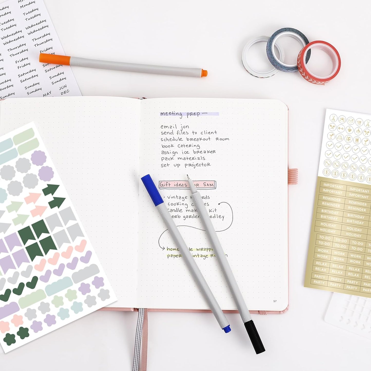 &And Per Se Dotted Journal Notebook Set, A5 Hardcover Dotted Journal (Green), 6 Fineliner Pens, 8 Sticker, 5 Stencil Sheets & 6 Washi Tapes, Journaling Supplies for Planner Schedule