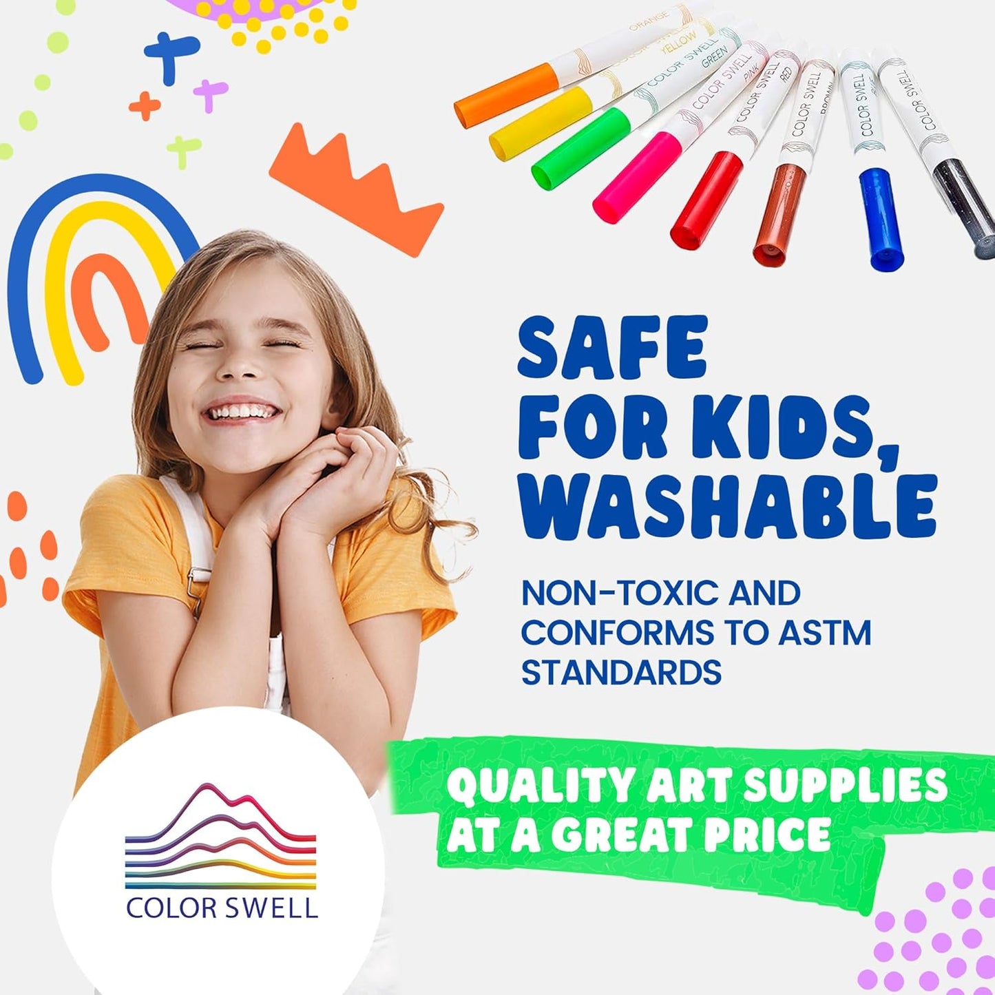 Color Swell 8-Pack Broad Line Markers – Washable, Non-Toxic, Ideal for Kids, Students, Adults, and Classroom Activities