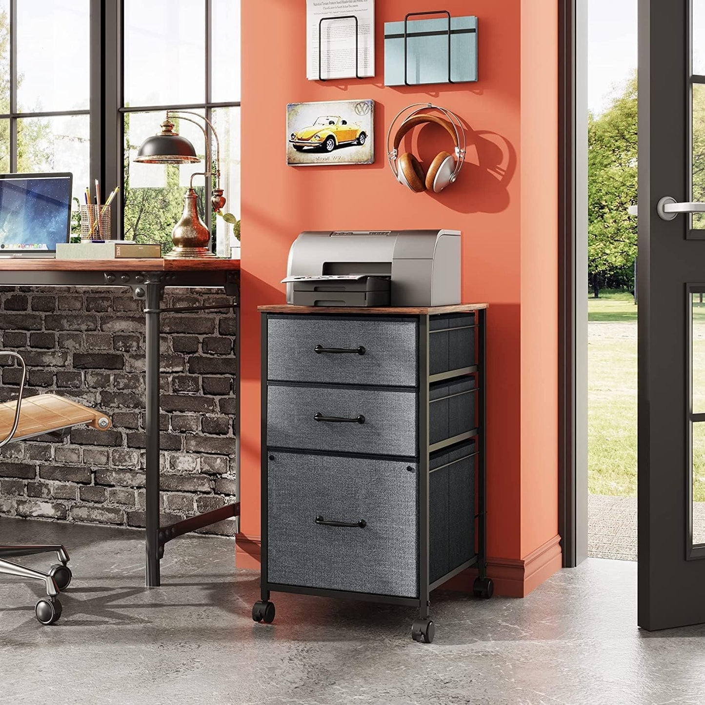 DEVAISE Mobile File Cabinet, Rolling Printer Stand with 3 Drawers, Fabric Vertical Filing Cabinet fits A4 or Letter Size for Home Office, Rustic Brown