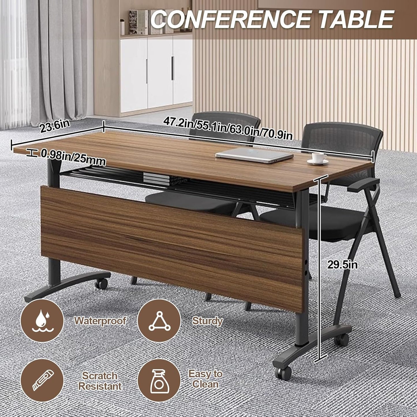 Folding Conference Room Table, Modern Conference Tables with Wheels, Large Rectangular Mobile Training Tables for Office Classroom, Foldable Modular Boardroom Seminar Table Walnut (6pack L47.2in)