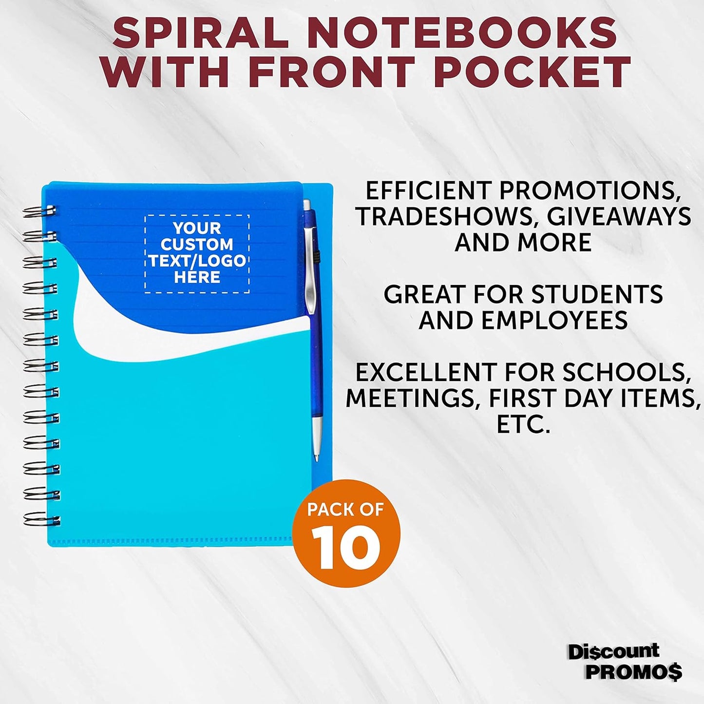 DISCOUNT PROMOS Custom Spiral Notebooks with Front Pocket Set of 10, Personalized Bulk Pack - Durable Plastic Cover, Includes Matching Pen in Blank Ink, Perfect for School, Office, Home - Blue