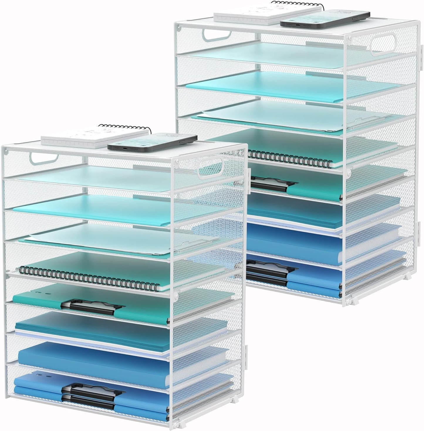 DALTACK 9-Tier Paper Letter Tray Desk Organizer with Handles, Mesh File Holder Organization, Paper Sorter Desk Organizer for Office Home School, White 2 Pack