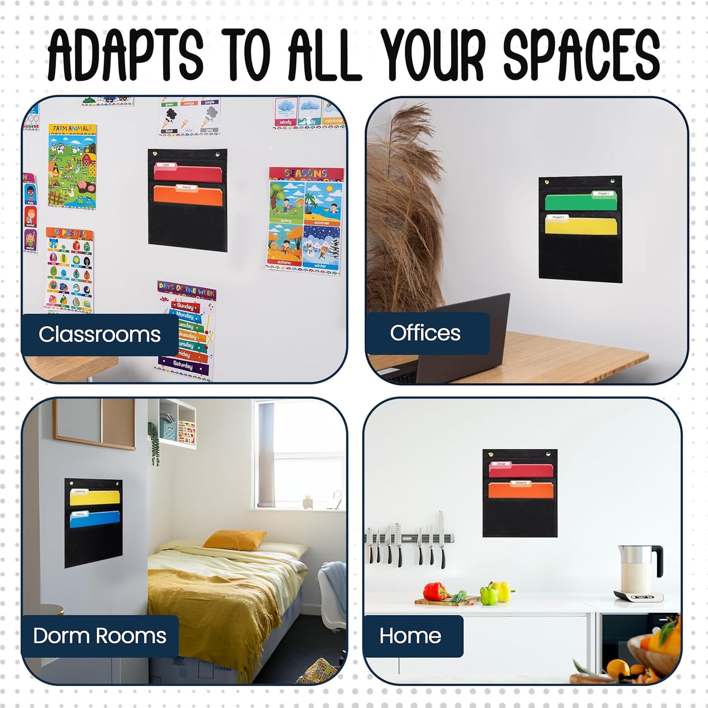 Essex Wares - 2 Pocket File Pocket Chart, Black - Versatile Wall Hanging File Folder Organizer for Classroom, Office, Home, and More - Wall Folder Organizer - Two Pockets