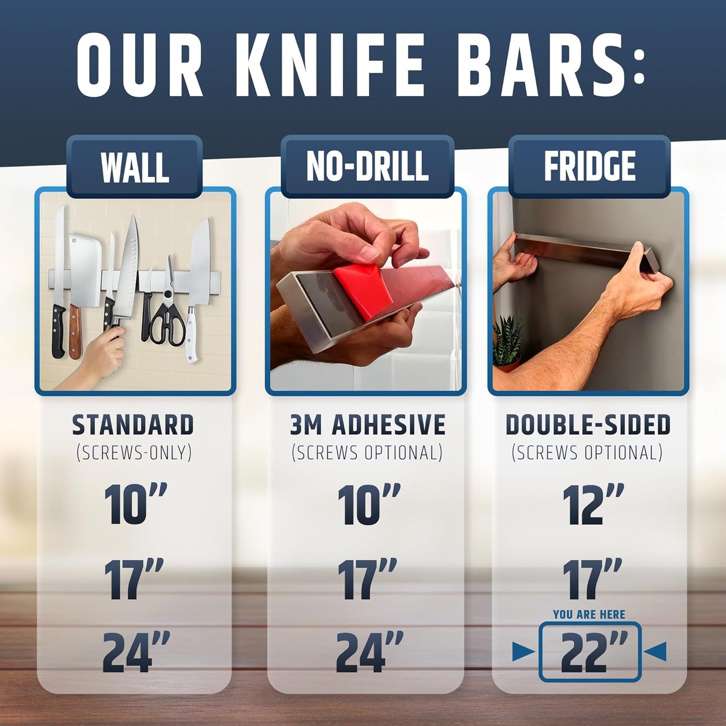 Fridge Applicable Stainless Steel Magnetic Knife Holder with Anti-Slide Upgrade - 22 Inch Professional Double Sided Knife Strip for Refrigerator - Knife Rack/Bar with Powerful Pull Force