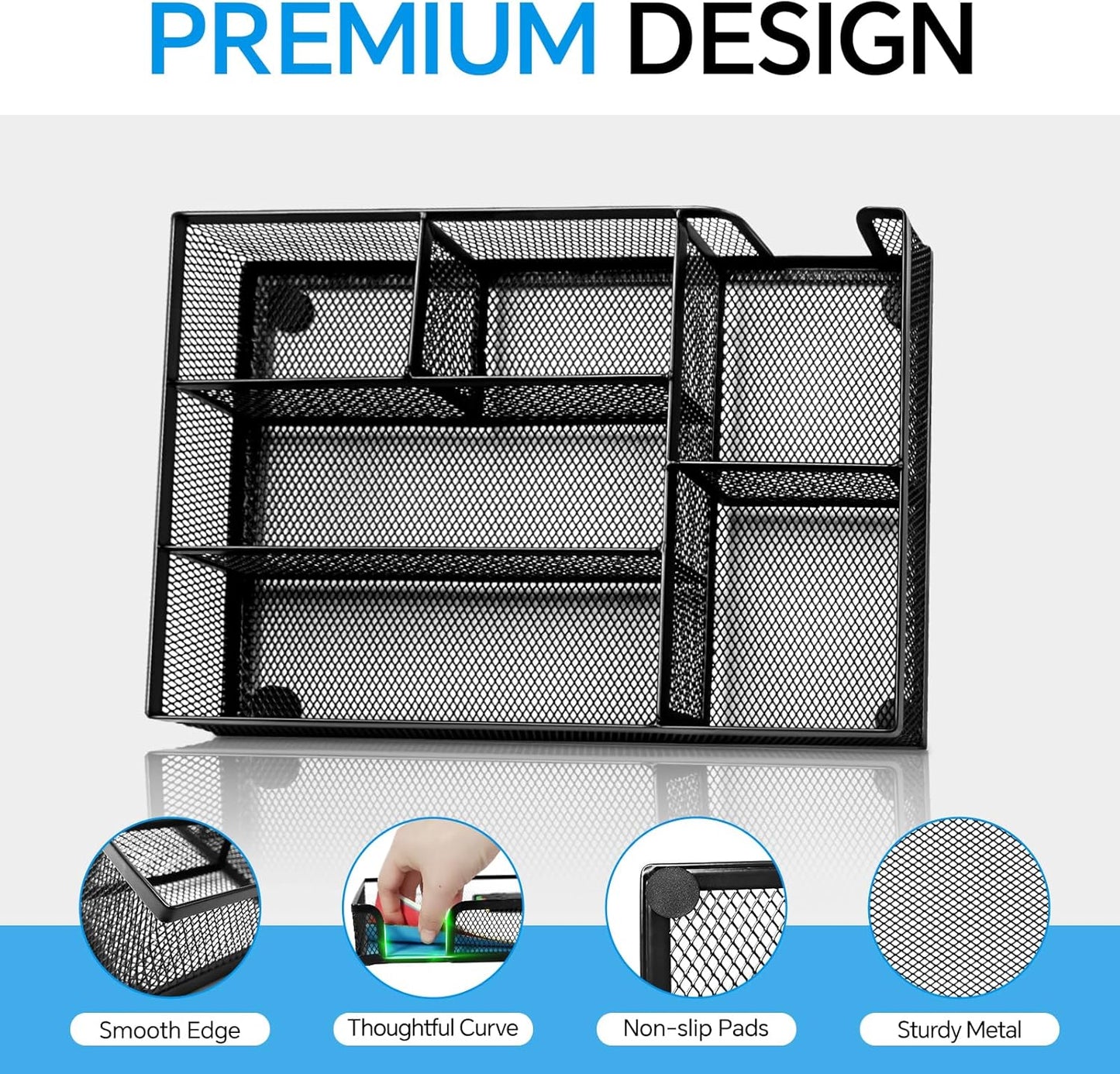 Desk Drawer Organizer, Office Drawer Divider Organizer Tray with 6 Compartments, Metal Mesh Desktop Organization and Accessories for Stationery Makeup Kitchen Toolroom School ＆Office, 12.6x8.27x1.6 in