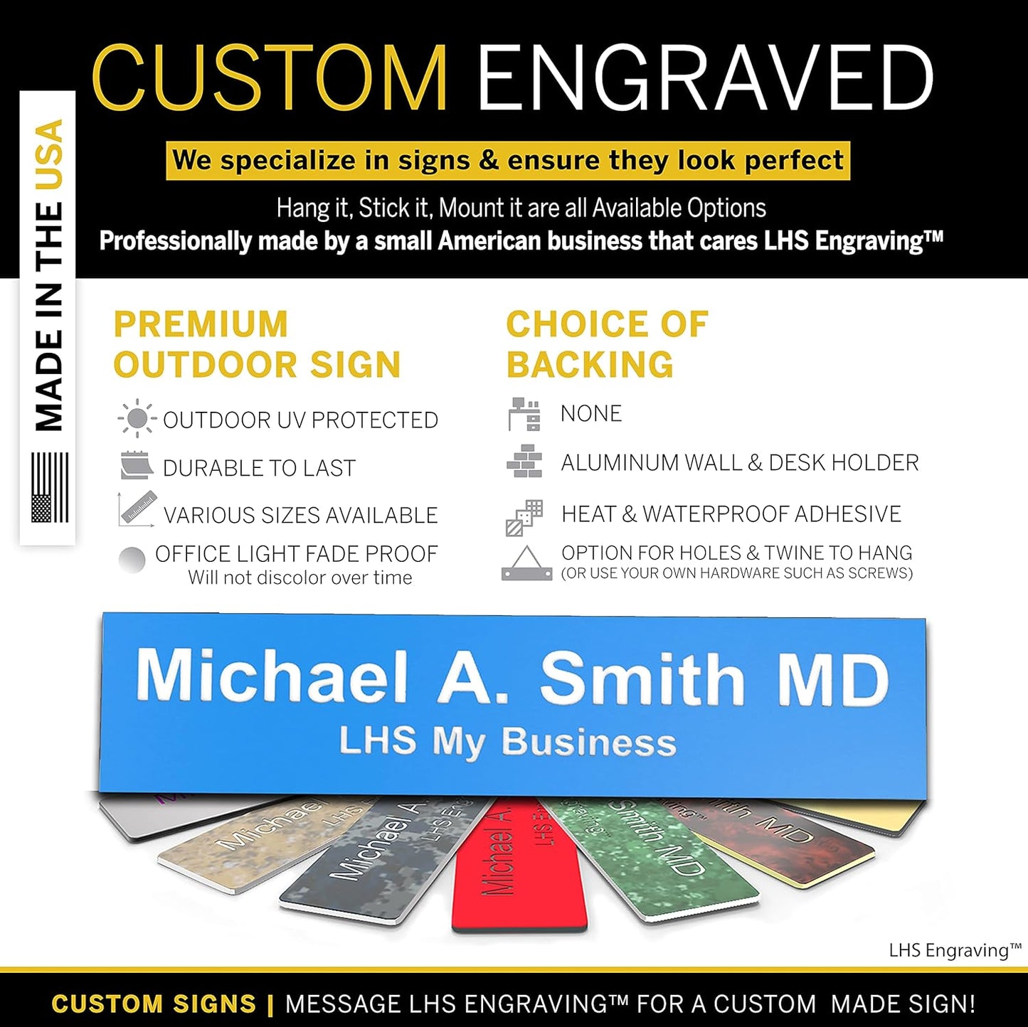 Engraved Name Plates for Door Sign Personalized Light Blue Plastic Plaque with White Letters - Made in USA 2x10 B1