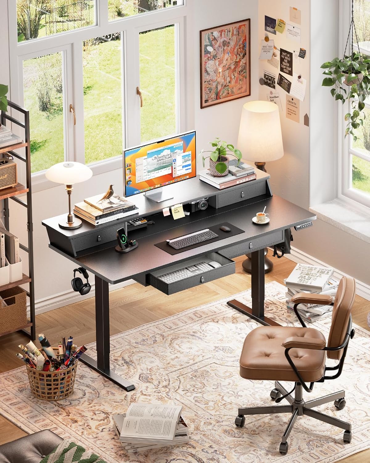 ErGear Electric Standing Desk with 4 Drawers, 48" x 30" Height Adjustable Desk with Storage, C-Clamp Mount Compatible, Computer Home Office Table with Cable Management Tray, Black