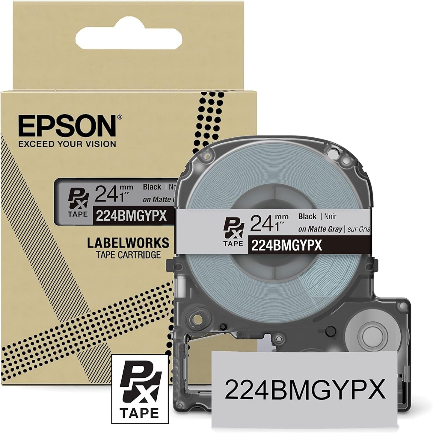Epson LABELWORKS 224BMGYPX Genuine PET (Polyester) Tape Cartridge - Black on Matte Light Gray Designer Craft Label Maker Tape - 1" (24MM) Wide, 26'