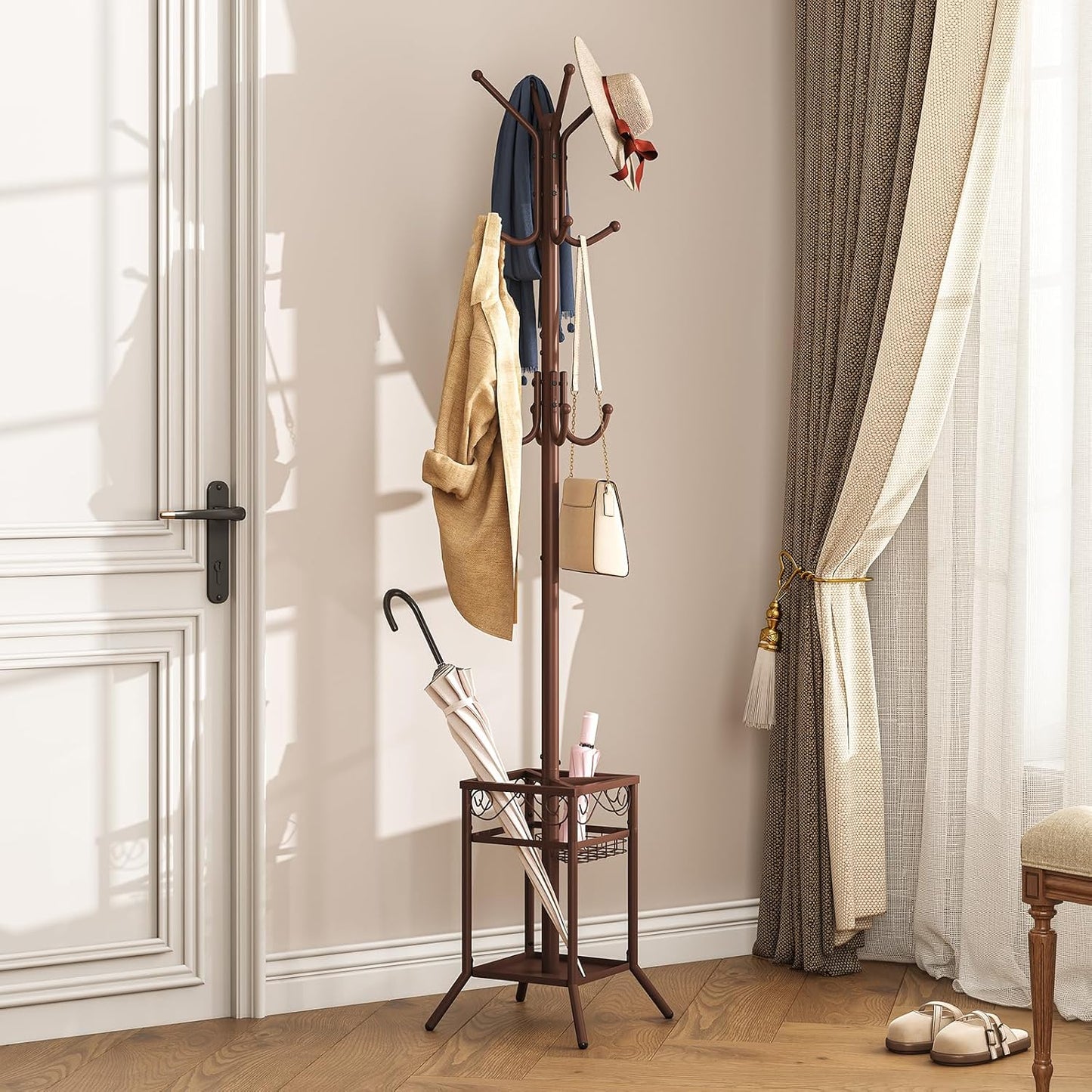 ELYKEN Coat Rack Freestanding, Metal Coat Rack Stand with Umbrella Holder, Modern Coat Tree with 12 Hooks, Floor Standing Corner Hall Tree for Entryway Living Room Bedroom Office, Brown