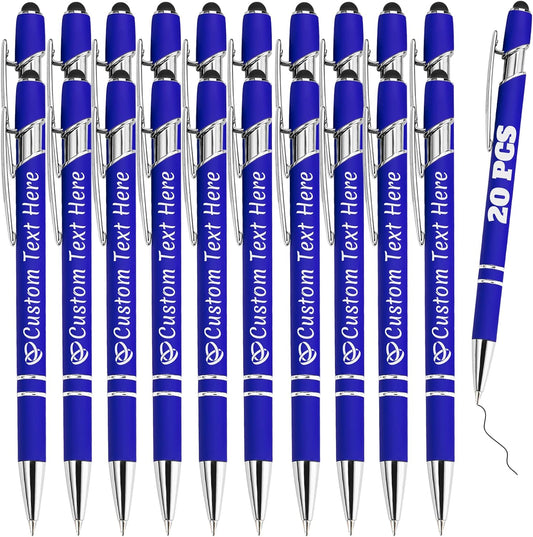 Personalized Pens Bulk 20 with Name Custom Engraving Ballpoint Pens with Stylus Tip Customized Smooth Writing Pens Personalized Gifts for Anniversary Birthday or Graduation(Blue,Black Ink)