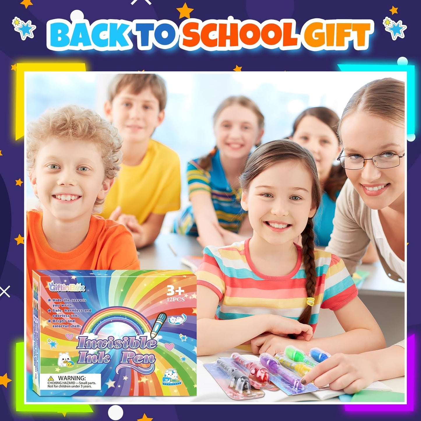 GIFTINBOX Invisible Ink Pen with UV Light for Kids, 24PCS Spy Pen Party Favors for Kids 8-12, Magic Marker for Secret Message, School Supplies Birthday Goody Bag Stuffers for Boys Girls