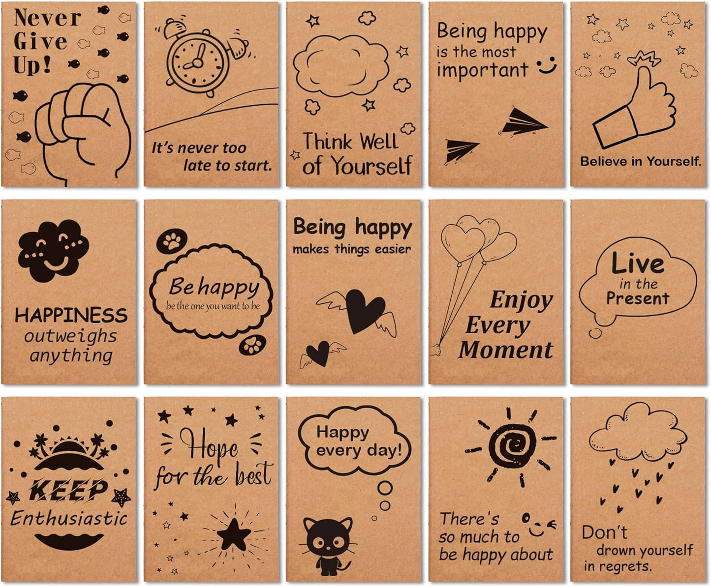 feela 15 Pack A6 Kraft Notebooks, 15 Designs Cute Mini Pocket Notebooks and Journals, Lined Motivation Small Journal Notebook Notepad Bulk for School Supplies Women Taking Memos, 4.1X5.8 in, 80 Pages