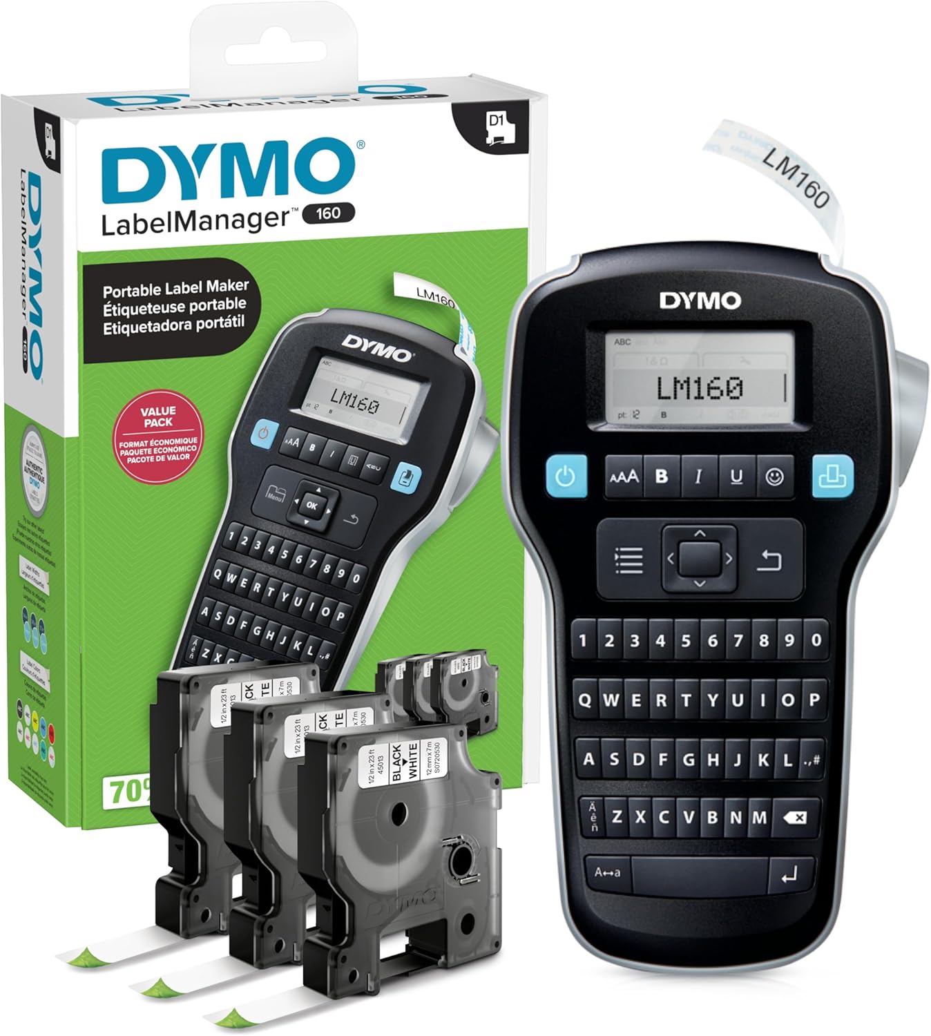 DYMO LabelManager 160 Portable Label Maker Bundle, Easy-to-Use, One-Touch Smart Keys, QWERTY Keyboard, Large Display, for Home & Office Organization, Includes 3 D1 Label Cassettes (Pack of 6)