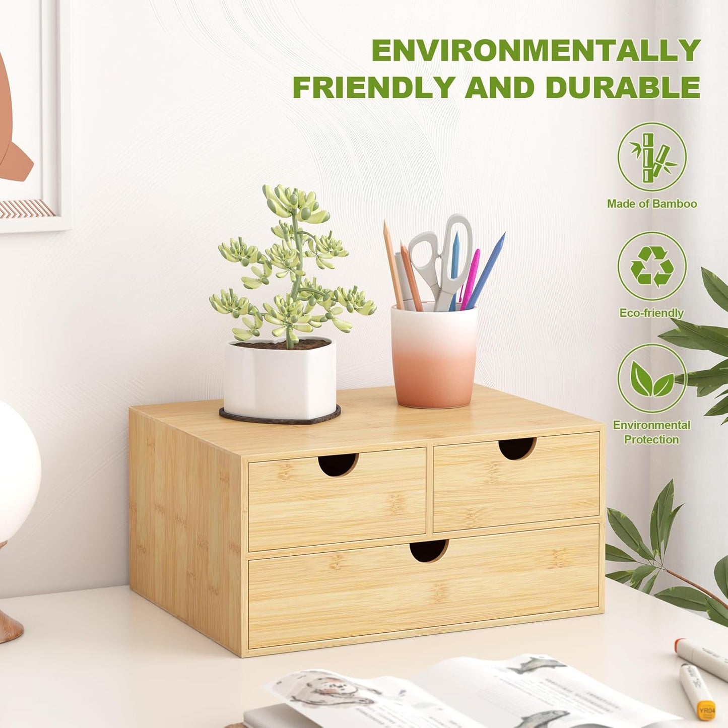 Bamboo Desk Drawer Organizer, Large Desktop Organizer with Drawers Tabletop Storage Organization Box for Office Home Toiletries Supplies Vanity, No Assembly Required (L-3 Drawers)