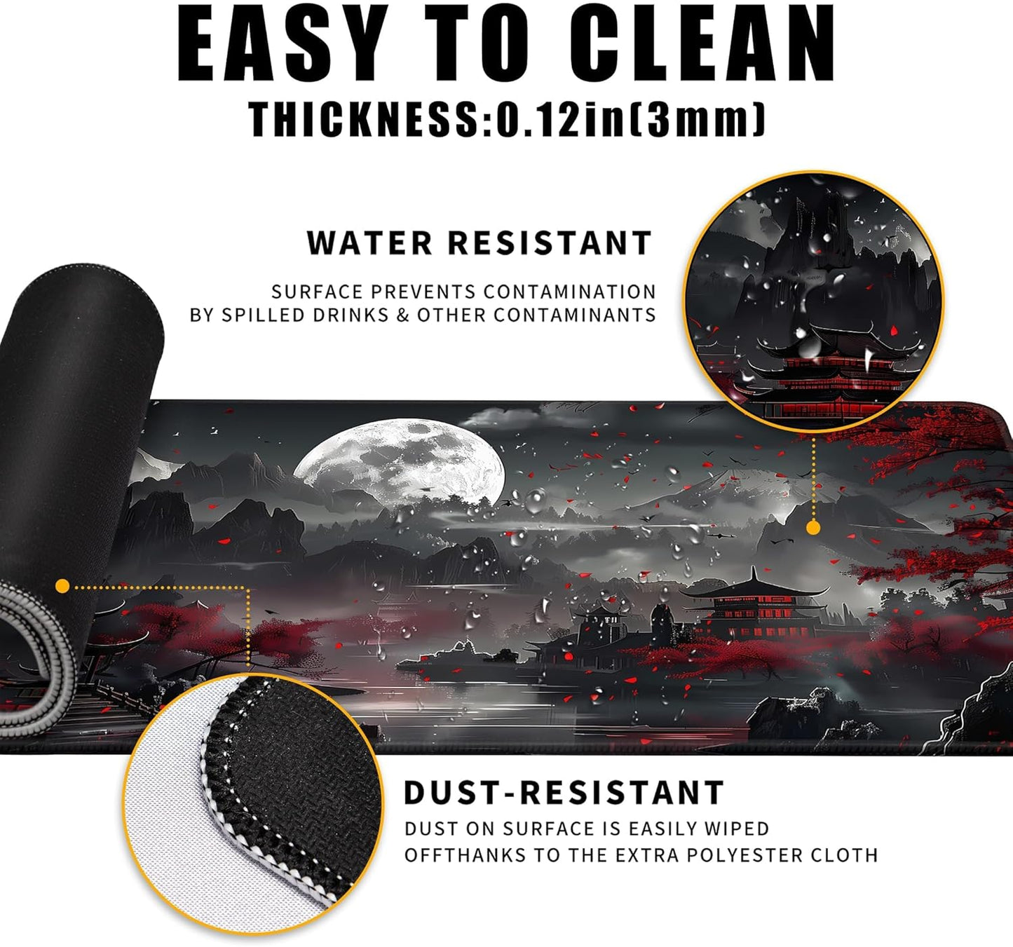 Japanese Desk Mat Riverside Full Moon Large Mouse Pad Gaming Mousepad Extended XL Keyboard Mat Computer Laptop Mouse Desktop Mat 31.5 X 11.8 Desk Decor