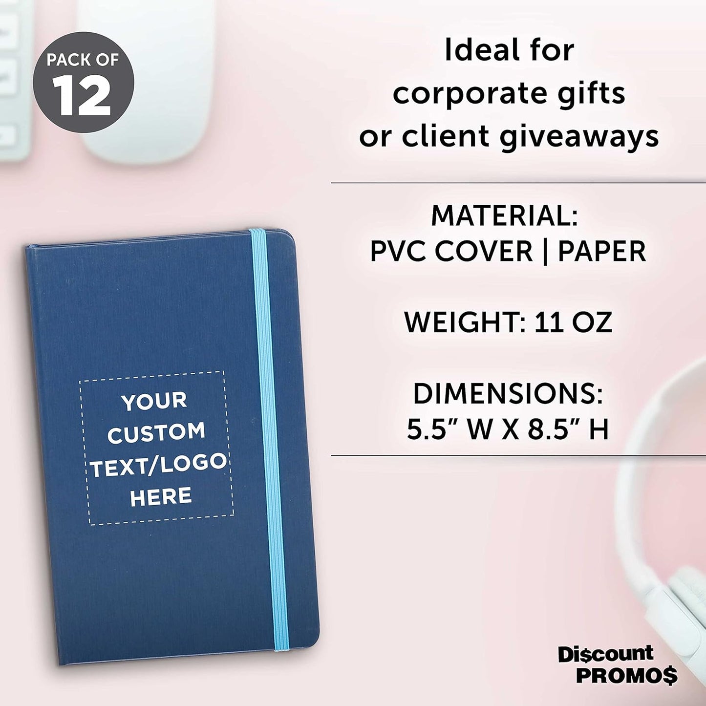 DISCOUNT PROMOS Custom Hardcover Notebook Journals with Elastic Colored Band Set of 12, Personalized Bulk Pack - Perfect for School, Office, Home - Blue