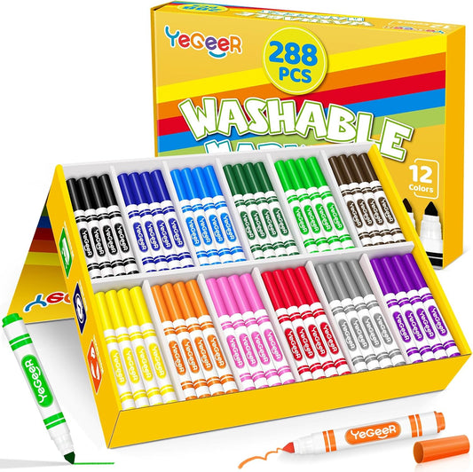 288 Count Washable Markers Bulk – 12 Assorted Colors, Broad Tip Markers for Kids, Teachers, and Classroom Supplies, Perfect for Art and Coloring.