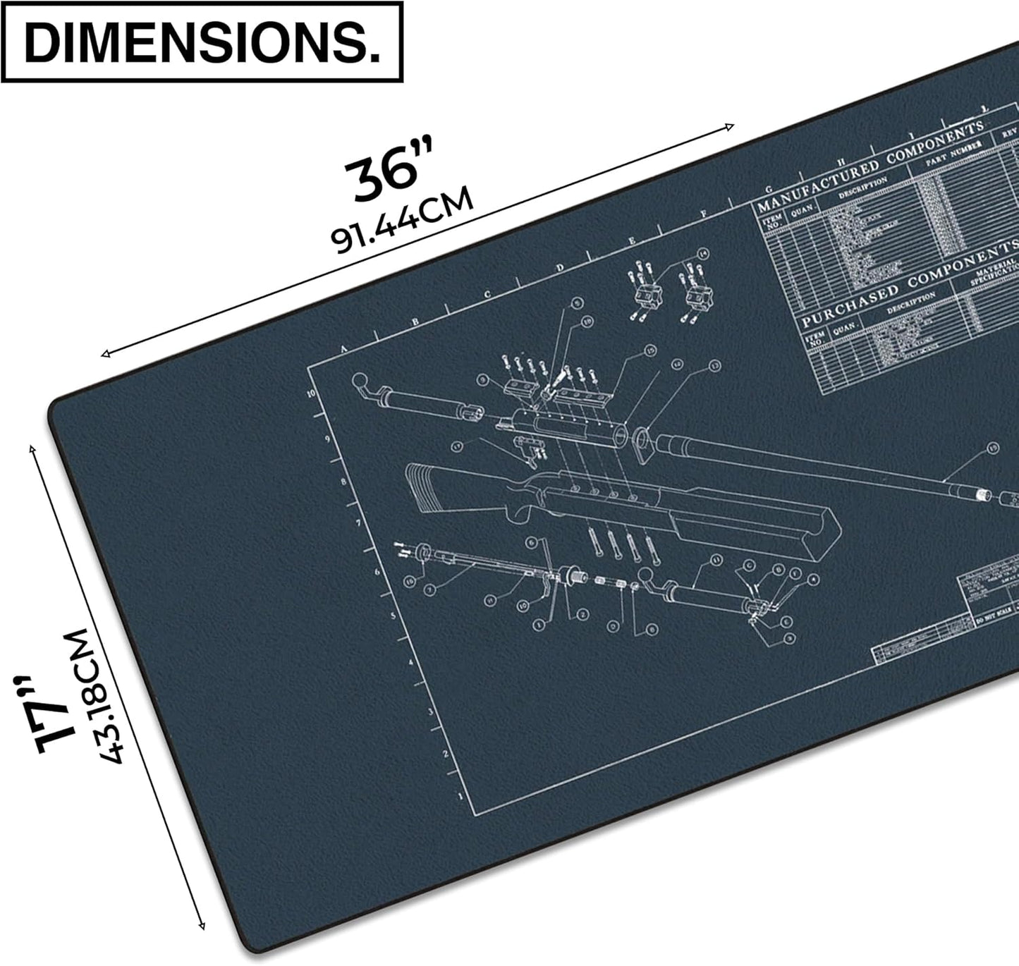 MPCO. Blueprints Large Gaming Desk Pad - 36" x 17" Duraglyde Fabric Browning 50 Cal – Blue Desk Mats - Non-Slip, Washable, Smooth Glide for Precision Gaming & Work