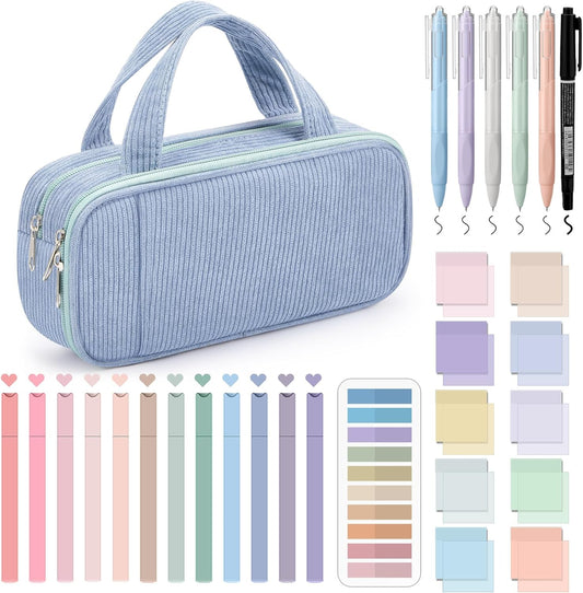 Jutom 39 Pcs Aesthetic Book Annotation Kit Highlighter with Pencil Case Bag Gel Pen Transparent Sticky Note Taking Bible Study College School Supplies(Dusty Blue,Classic Style)