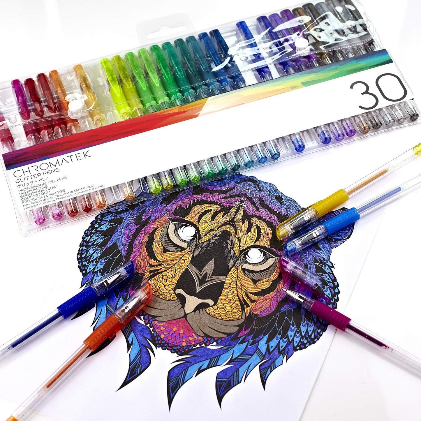 CHROMATEK Glitter Pens 60 Set Best Colors. 200% the Ink: 30 Gel Pens, 30 Refills. Super Glittery Ultra Vivid Colors. No Repeats. Professional Art Pens. New & Improved