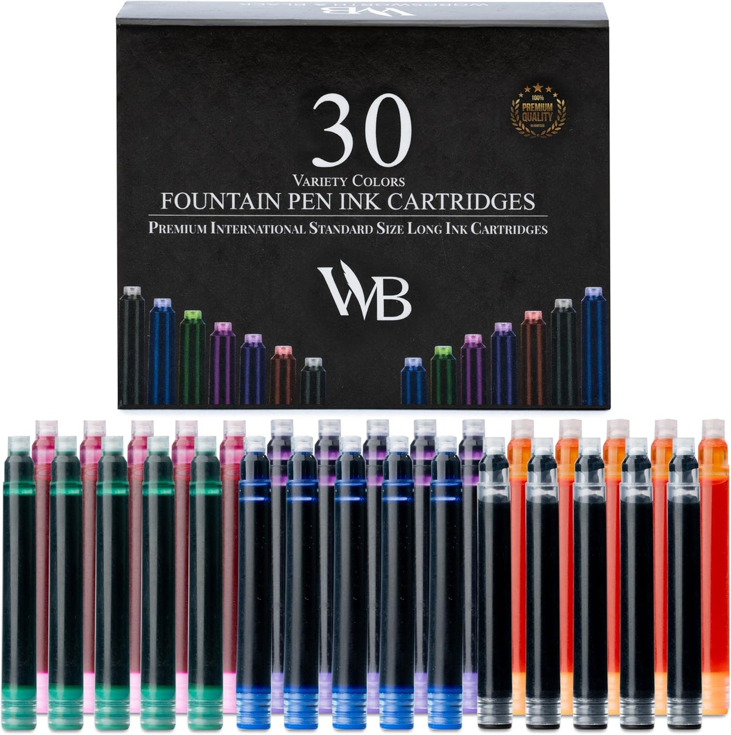 Wordsworth & Black 30 Pack Fountain Pen Ink Refills - Set of 30 Assorted Ink Cartridges - International Standard Size - Length APPR 2.3" - Base Diameter APPR 0.24" - Disposable and Generic