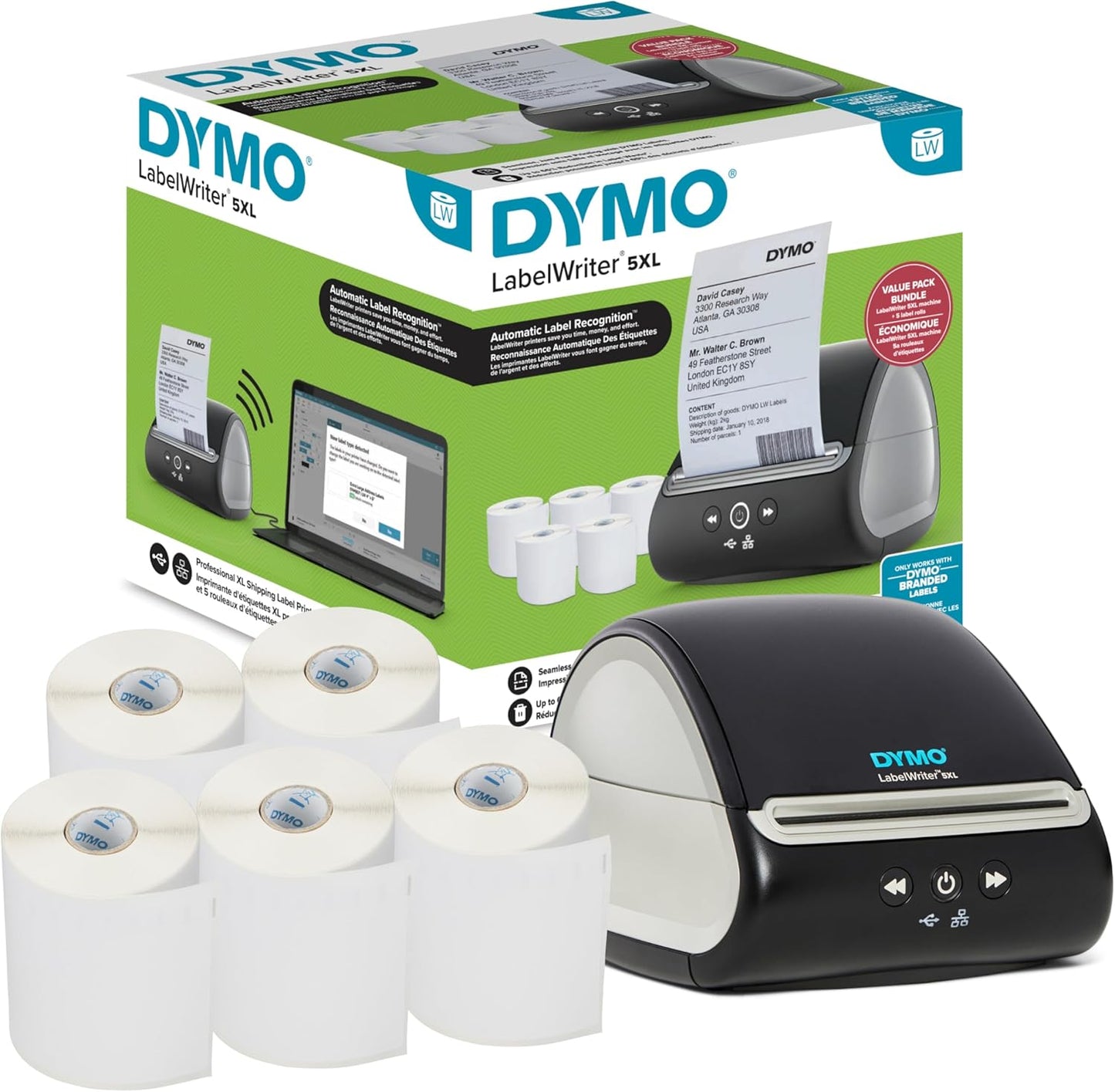 DYMO LabelWriter 5XL Label Printer Bundle Prints Extra-Wide ShippingLabels (UPS USPS) from Amazon eBay and More Perfect for eCommerce Sellers Includes 5 Extra-Large Shipping Labels (1100 Total)