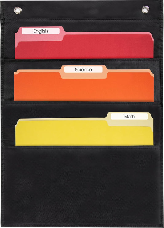 Essex Wares - 3 Pocket File Pocket Chart, Black, 14" Wide x 19.5" Tall - Versatile Wall Hanging File Folder Organizer for Classroom, Office, Home, and More - Wall Folder Organizer - 3 Pockets