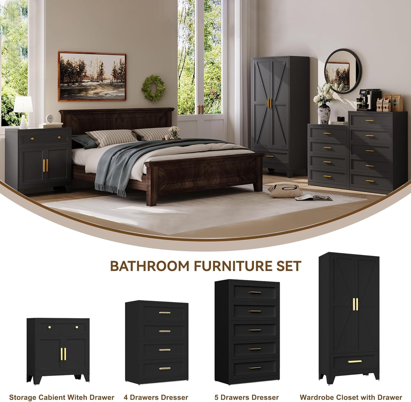 Farmhouse Wardrobe Cabinet with 2 Drawers,Metal Wardrobe Closet with Hanging Rod,Metal Armoire with Adjustable Shelves for Bedroom,Living Room, Cloak Room,Office (Blakc)