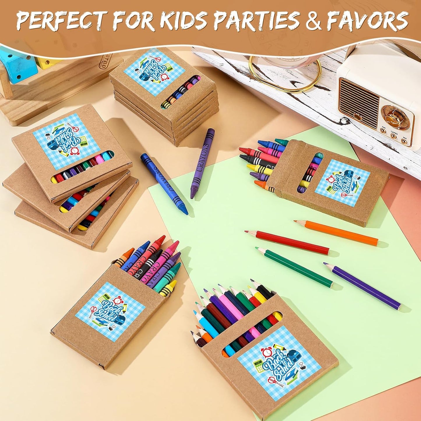 100 Sets Bulk Back to School Supplies, Colored Pencils Pre-Sharpened and Crayons Holiday Bundle in Box Mini Pencils Crayons Bulk Classroom Teacher Supplies, Cute Back to School Gifts