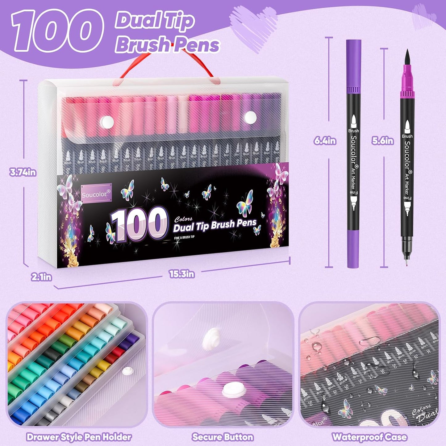 Soucolor Gifts for Teen Girls, Aesthetic Cute Preppy Stuff School Supplies, Teen Girl Gifts, Art Kits for Girls Ages 6-14, 100 Colors Dual Tip (Brush and Fine Point) Markers Pens for Mothers Day Gift