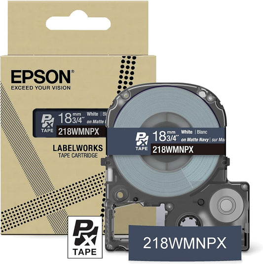Epson LABELWORKS 218WMNPX Genuine PET (Polyester) Tape Cartridge - White on Matte Navy Designer Craft Label Maker Tape - 3/4" (18MM) Wide, 26'