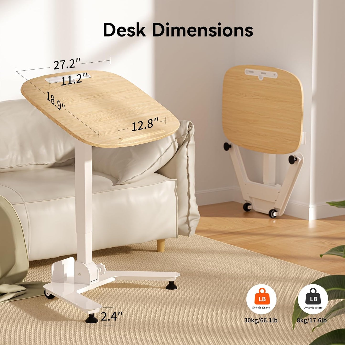 Folding Pneumatic Height Adjustable Mobile Standing Desk with 90° Tiltable Tabletop, 27.2x18.9 Inch Portable Laptop Desk with Wheels, Holds Up to 66.1lbs for Home Office, Study, Oak