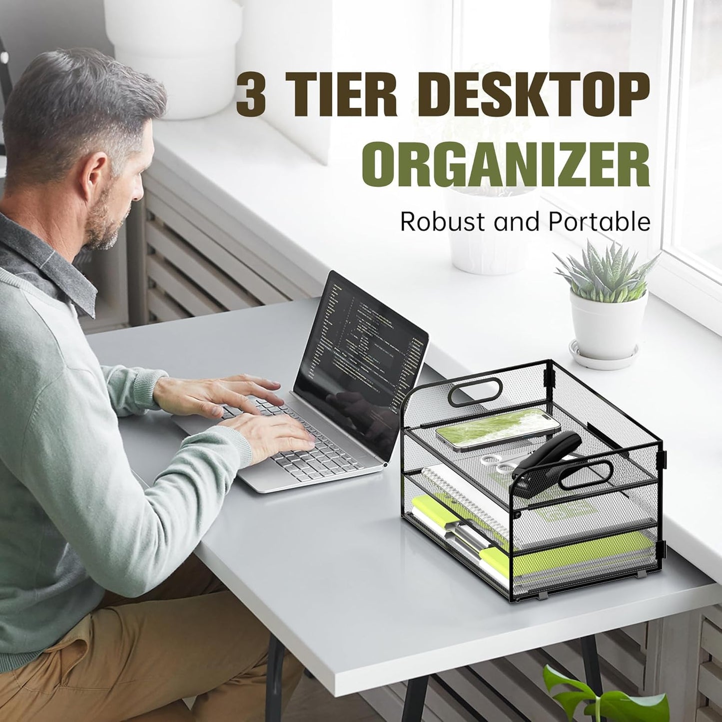 Daltrack 3-Tier Mesh Desk Organizer with Handle - Paper Tray Organizer for A4 Files, Black 2 Pack