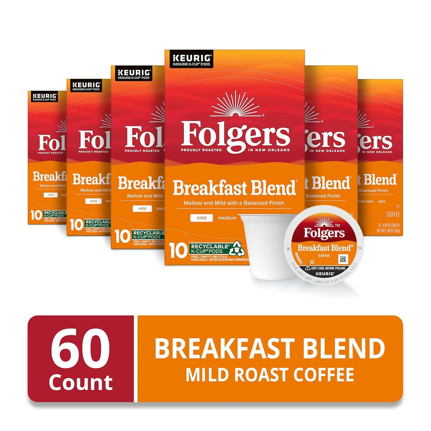 Folgers Breakfast Blend Coffee, Mild Roast, Keurig K-Cup Pods, 10 Count (Pack of 6)