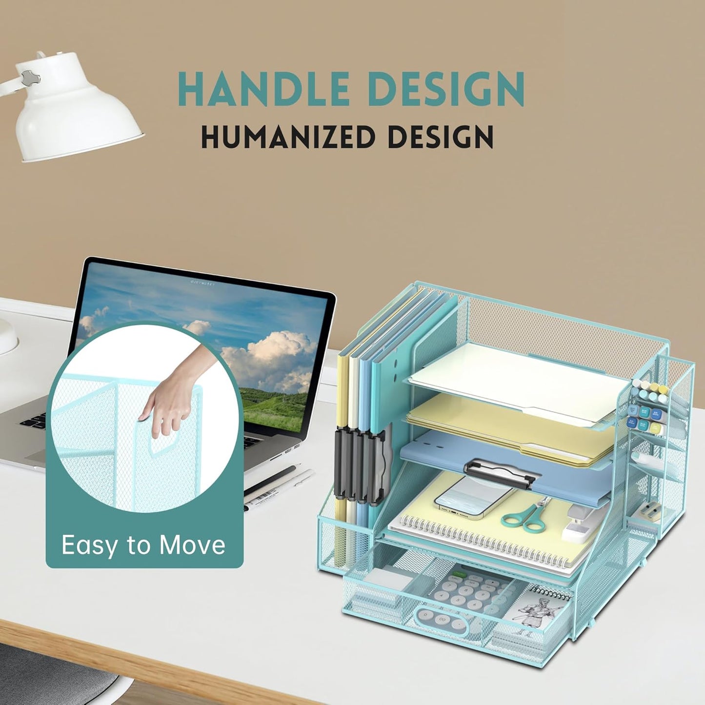 DALTACK Mesh Desk Organizer, 5-Tier Paper Letter Tray with File Holder & Pen Holder & Sliding Drawer, Desktop Organizer and Storage for Desk Accessories Office Supplies, Blue