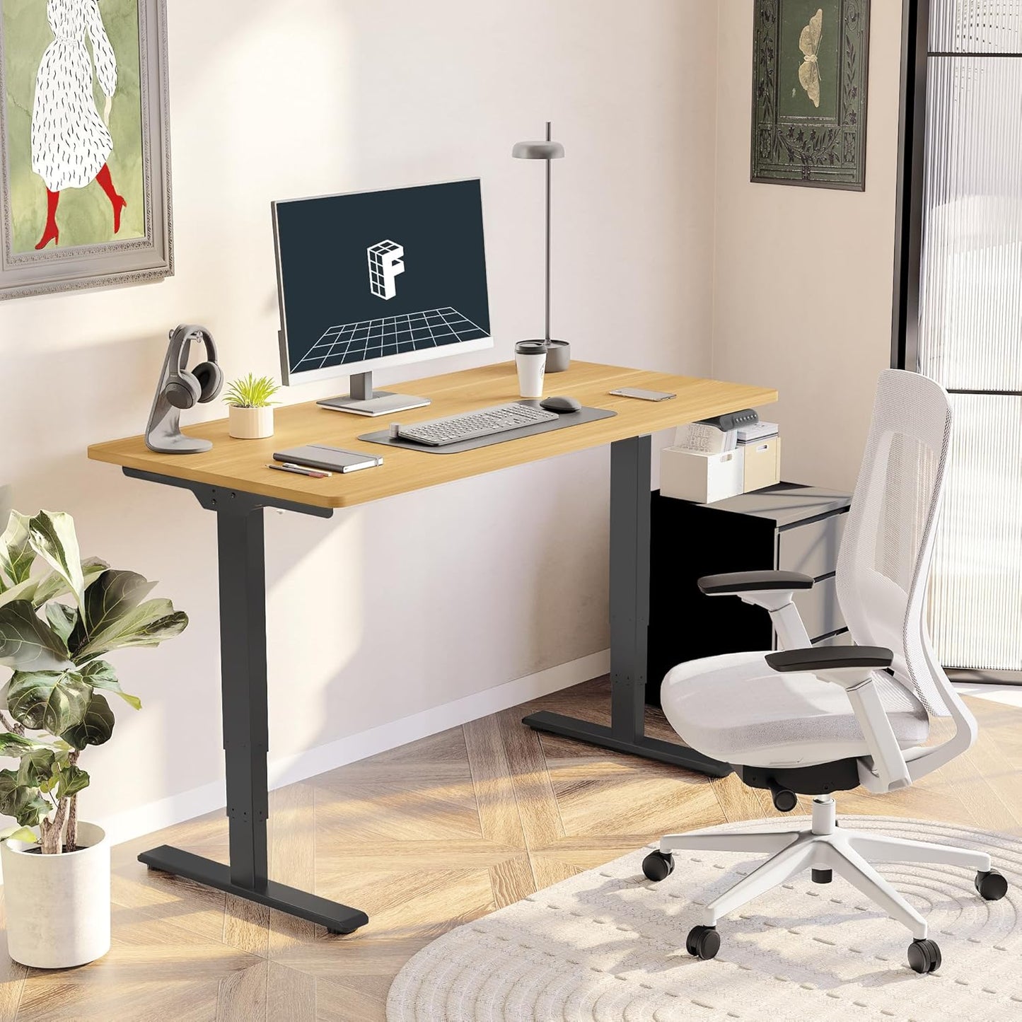 FLEXISPOT E6 Essential 3 Stages Dual Motor Electric Standing Desk 48x30 Inch Whole-Piece Board Height Adjustable Electric Sit Stand Desk(Black Frame + Maple Desktop, 2 Packages)