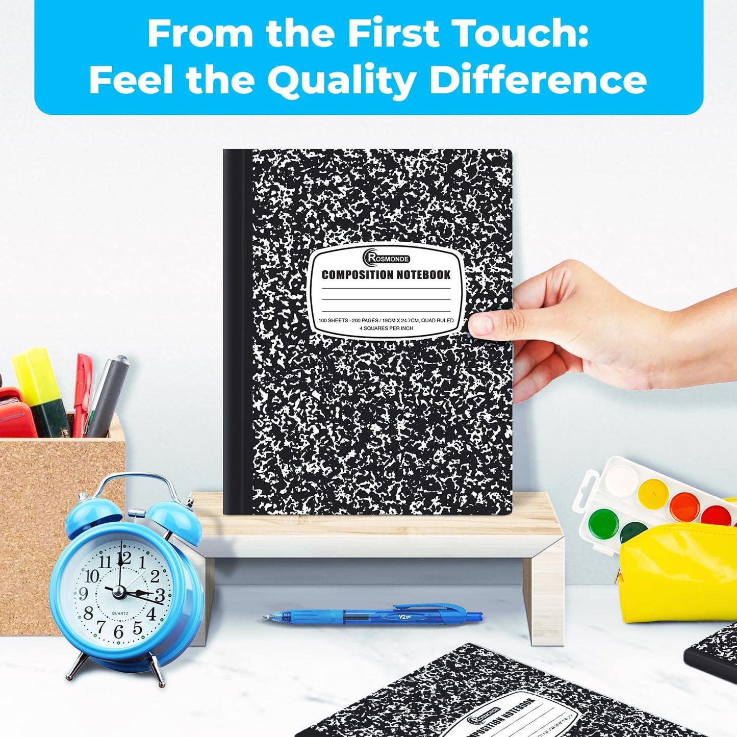 Graph Paper Composition Notebook, 5 Pack, 200 Pages (100 Sheets), Quad Ruled Composition Notebook, Graph Notebooks, 4x4 Grid Composition Notebook, Black Marble, Sewn Hard Cover, 9-3/4 x 7-1/2