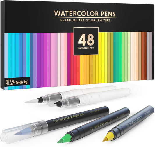 DOODLE HOG 48 Premium Watercolor Pens +2 Highly Blendable Markers, Real Brush Tip Watercolor Markers, Art Supplies for Adults, 48 Colors Gift Box