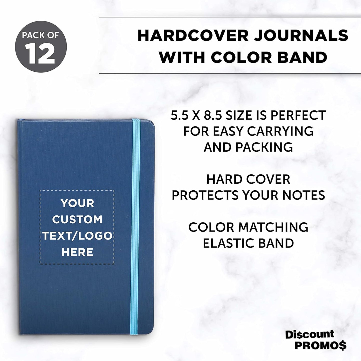 DISCOUNT PROMOS Custom Hardcover Notebook Journals with Elastic Colored Band Set of 12, Personalized Bulk Pack - Perfect for School, Office, Home - Blue