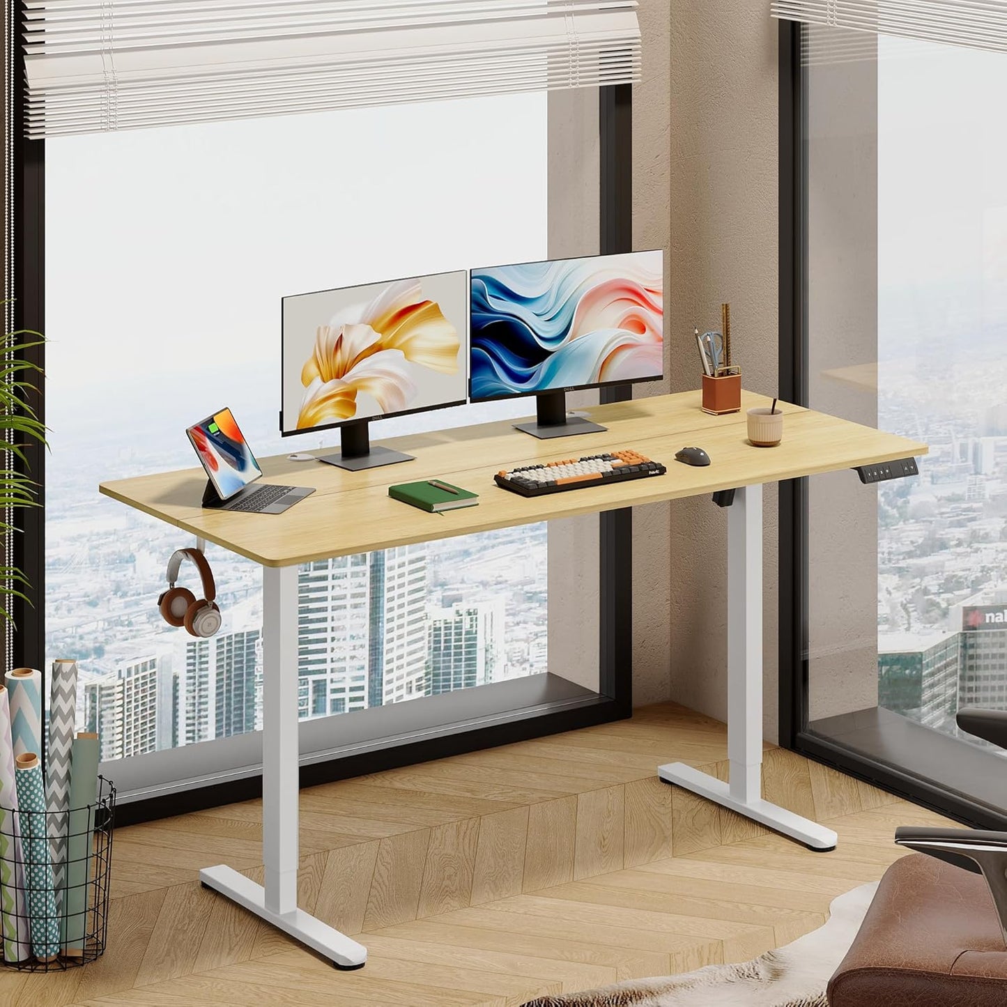 DEVAISE 63 Inch Electric Standing Desk, 3 Adjustable Height Stand up Desk for Home Office, Ergonomic Sit to Stand Desk with LED Touchscreen, Headphone Hook, 3 Memory Preset Computer Desk (Maple)