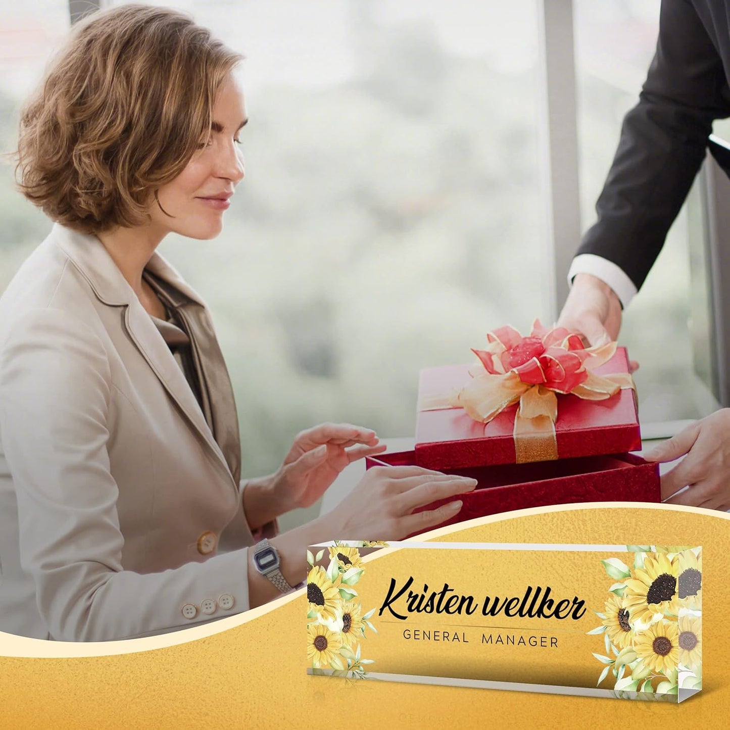 Desk Name Plate Personalized, Premium Sunflower Acrylic Desk Name Plate, Personalized Name Plate for Desk, Office Decor for Women or Men Coworkers, Boss, Employee, Teacher(Sunflower2)