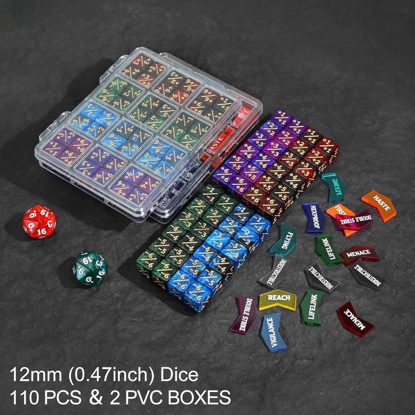 110 Pieces MTG Abilities Keyword Tokens 12mm Dice Counters Set for Magic The Gatering, MTG Life Counter Buff Tokens with Box, Compatible with TCG CCG Magic Card Games Accessories