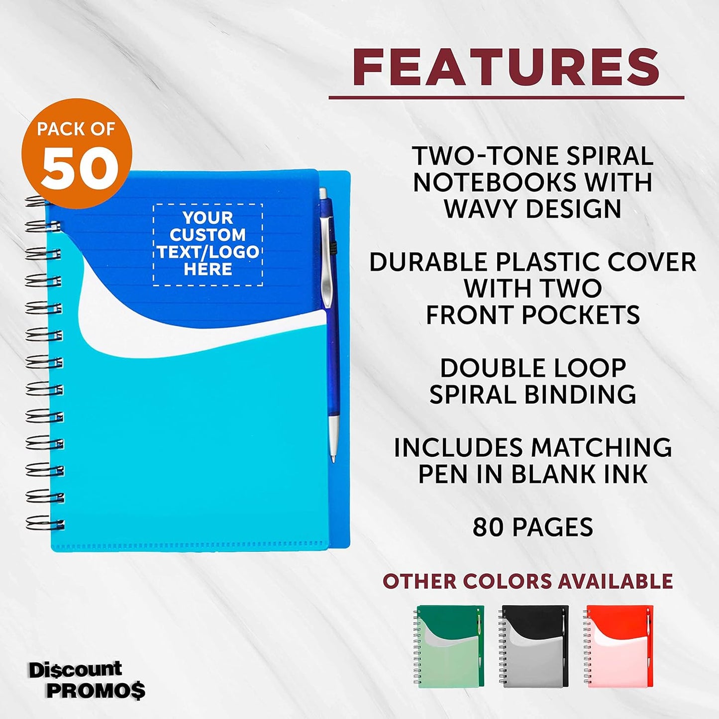 DISCOUNT PROMOS Custom Spiral Notebooks with Front Pocket Set of 50, Personalized Bulk Pack - Durable Plastic Cover, Includes Matching Pen in Blank Ink, Perfect for School, Office, Home - Blue