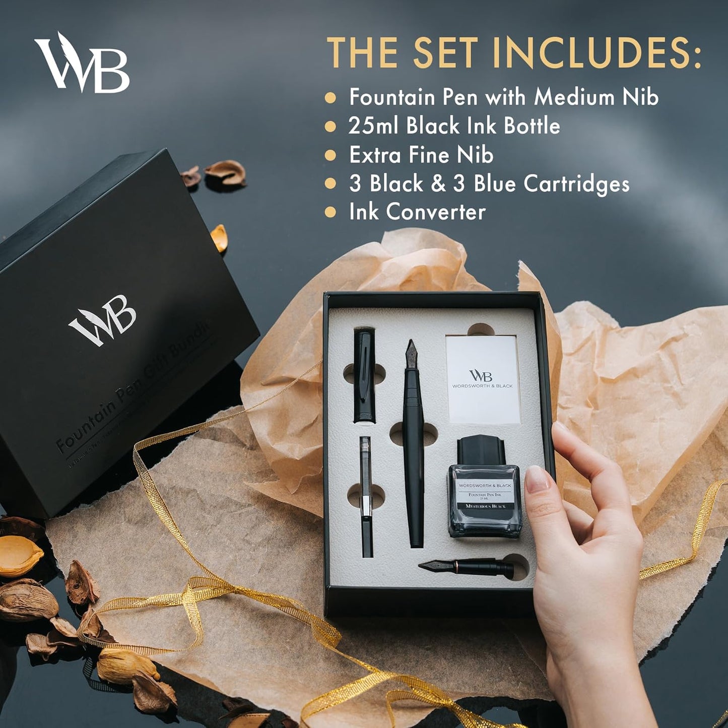 Wordsworth & Black Fountain Pen Set, 18K Gilded Medium and Extra Fine Nib, 25ML Black Ink Bottle, 6 Ink Cartridges,Refill Converter,Gift Box,Smooth Writing Pens [All Black],Gift Set for Men and Women