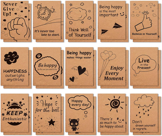 feela 30 Pack Kraft Notebooks, 15 Designs A6 Cute Mini Pocket Notebooks and Journals, Lined Motivation Small Journal Notebook Bulk for Women School Supplies Taking Memos, 4.1X5.8 in, 80 Pages