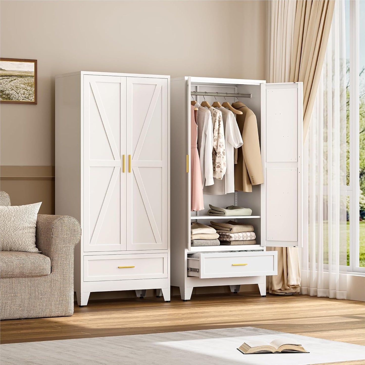 Farmhouse Wardrobe Cabinet with One Drawers,Metal Wardrobe Closet with Hanging Rod,Metal Armoire with Adjustable Shelves for Bedroom,Living Room, Cloak Room,Office (White)