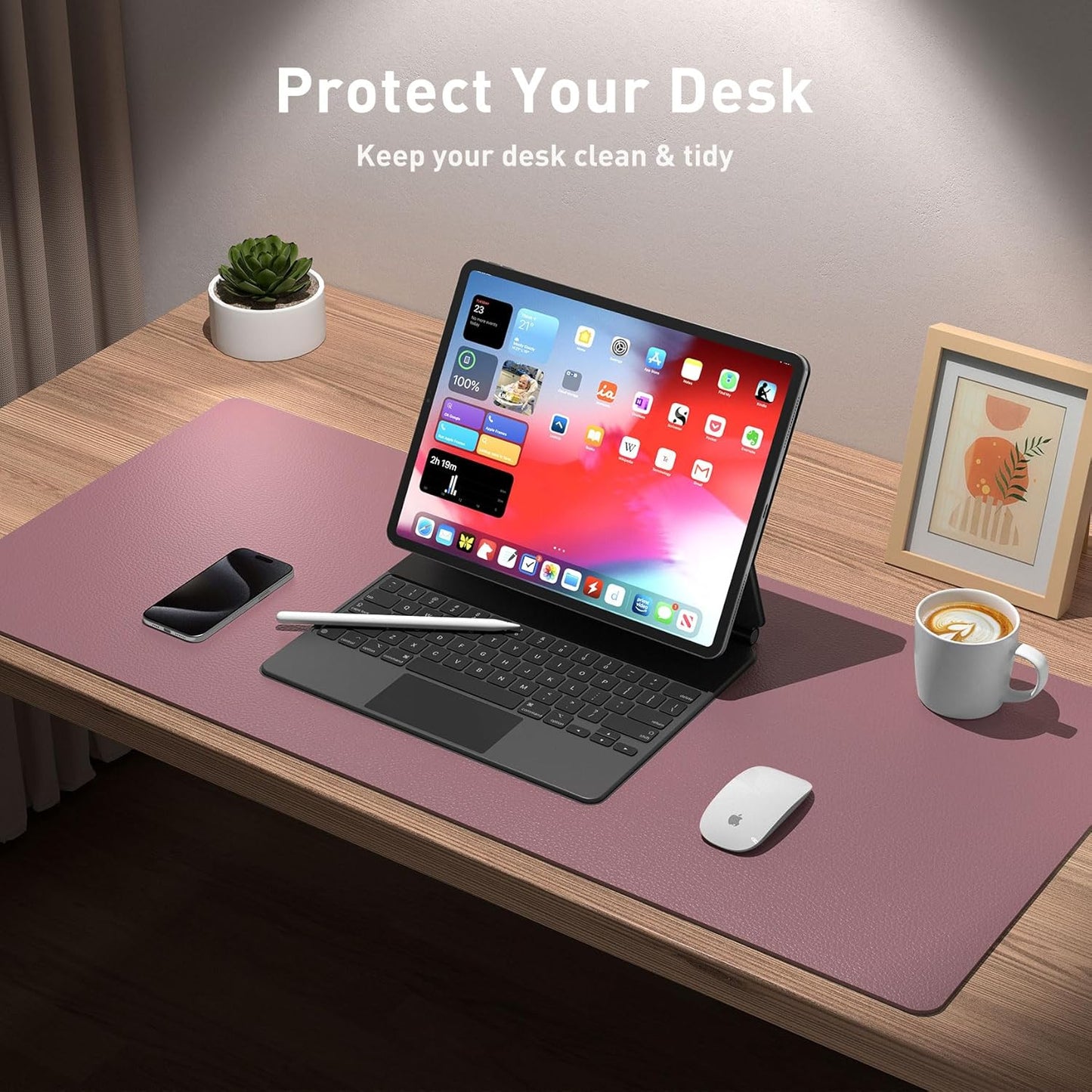 Aothia Leather Desk Pad Protector, Mouse Pad, Office Desk Mat, Non-Slip PU Leather Desk Blotter, Laptop Desk Pad, Waterproof Desk Writing Pad for Office and Home (Dark Pink,36" x 17")