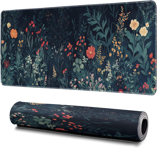 Flower Mouse Pad Abstract Big Mouse Pad 31.5x11.8 Inch Floral Texture Non-Slip Rubber Base Large Weeds Mousepad Stitched Edges Keyboard Mouse Mat Desk Pad for Office and Home
